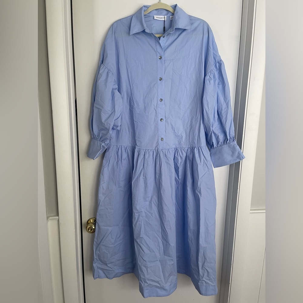 Marcella New York Light Blue Ada Puff Sleeve Cotton Button Midi Shirt Dress XS